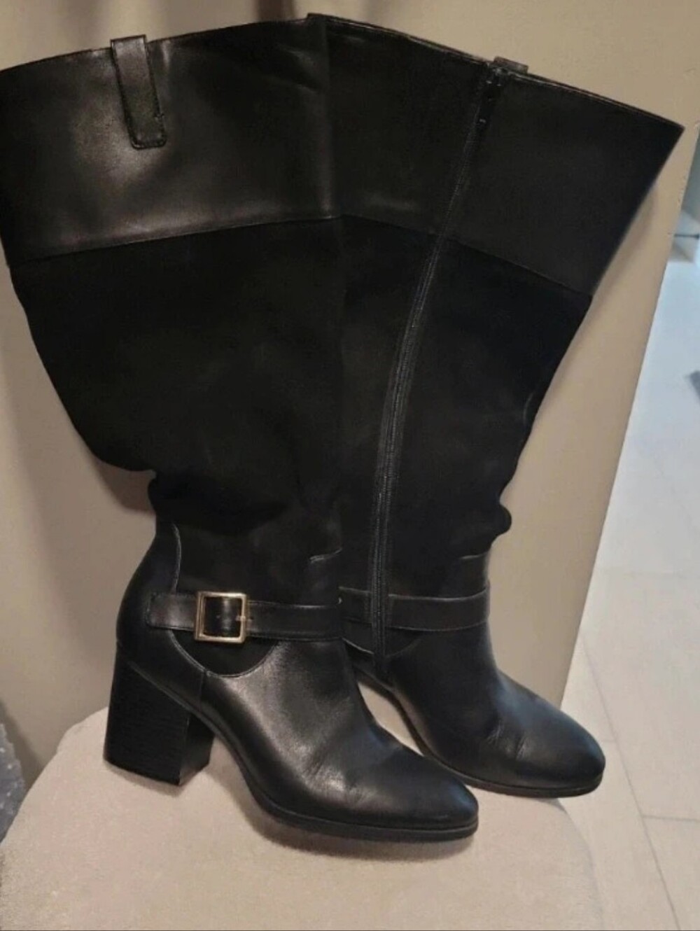 Giani Bernini Black Leather & Suede Mid-Calf Block Heel Boots